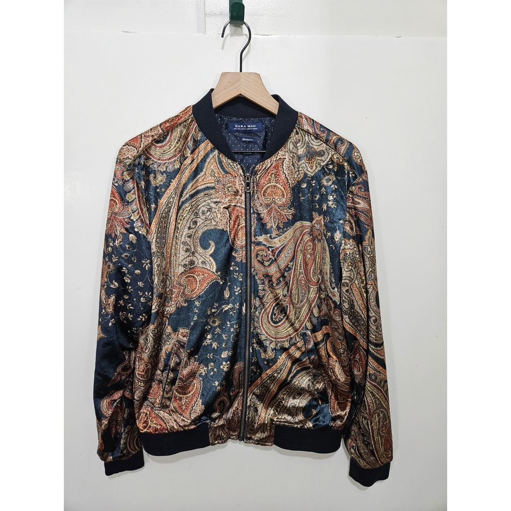 Zara Man Relaxed Fit Paisley Bomber Jacket Navy Gold Full Zip Large